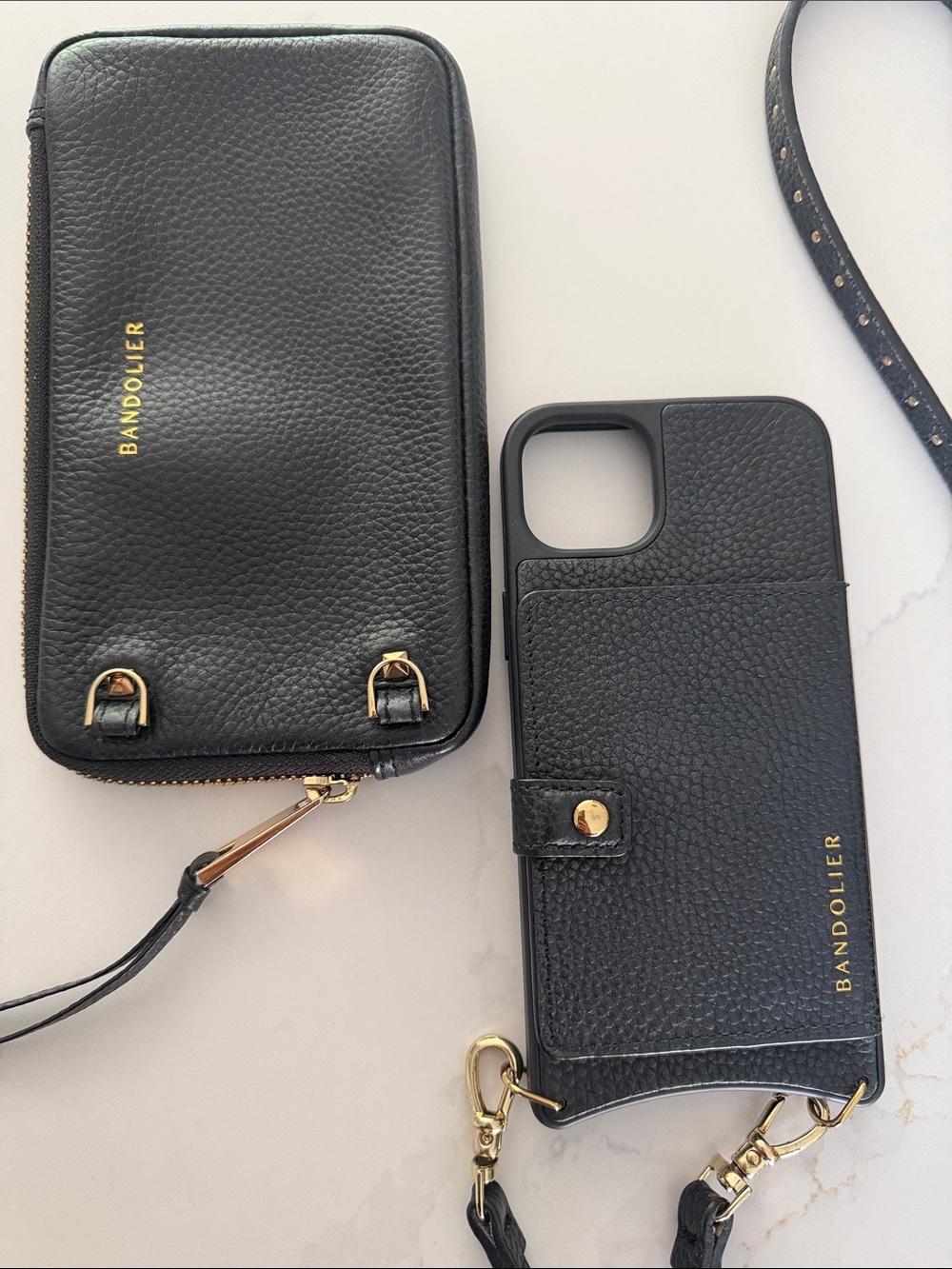 Bandolier Black Leather IPhone 14 Plus case and matching zippered pouch